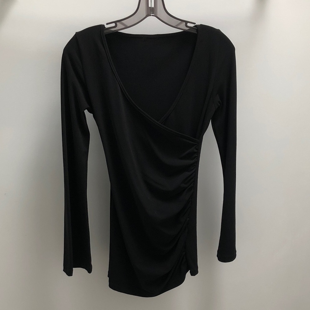 Shape Wear Black Spandex V-neck Long Sleeve Front cinched Wrap Top! M